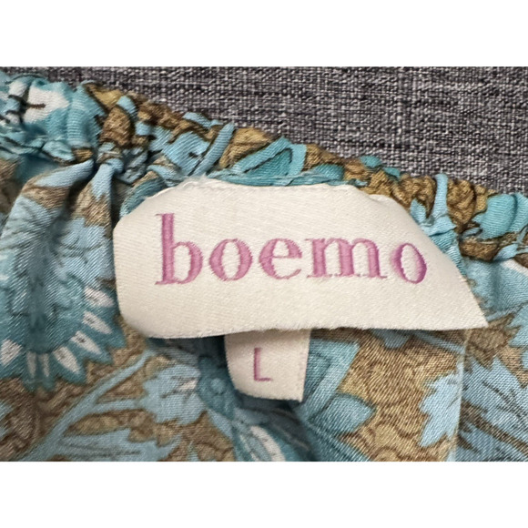 Boemo Womens Blue Green Floral Puff Sleeve Elastic Waist Pockets Slit Dress L - Picture 6 of 7